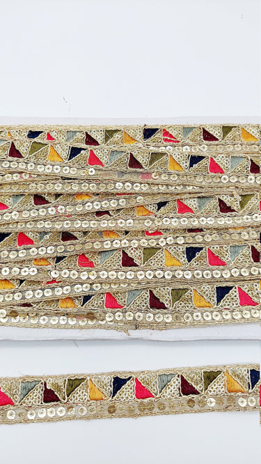 Gold Sequin Border With Multicoloured Triangle Embroidery, Beige Shimmer Lace Trim, Decorative Trim